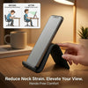 A hand holds a flexible silicone multi-angle phone and tablet stand designed for hands-free viewing.