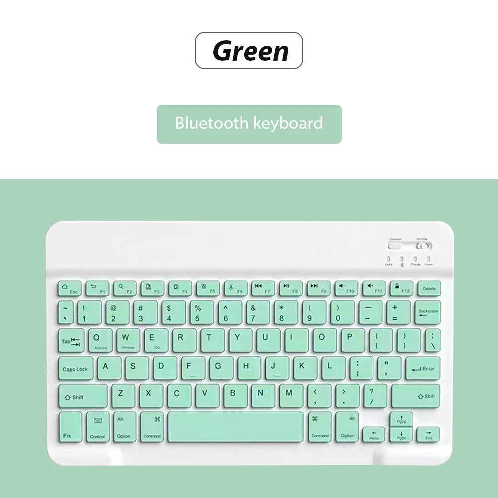 Weiße Bluetooth-Tastatur mit grünem Etikett und umgebendem Text.