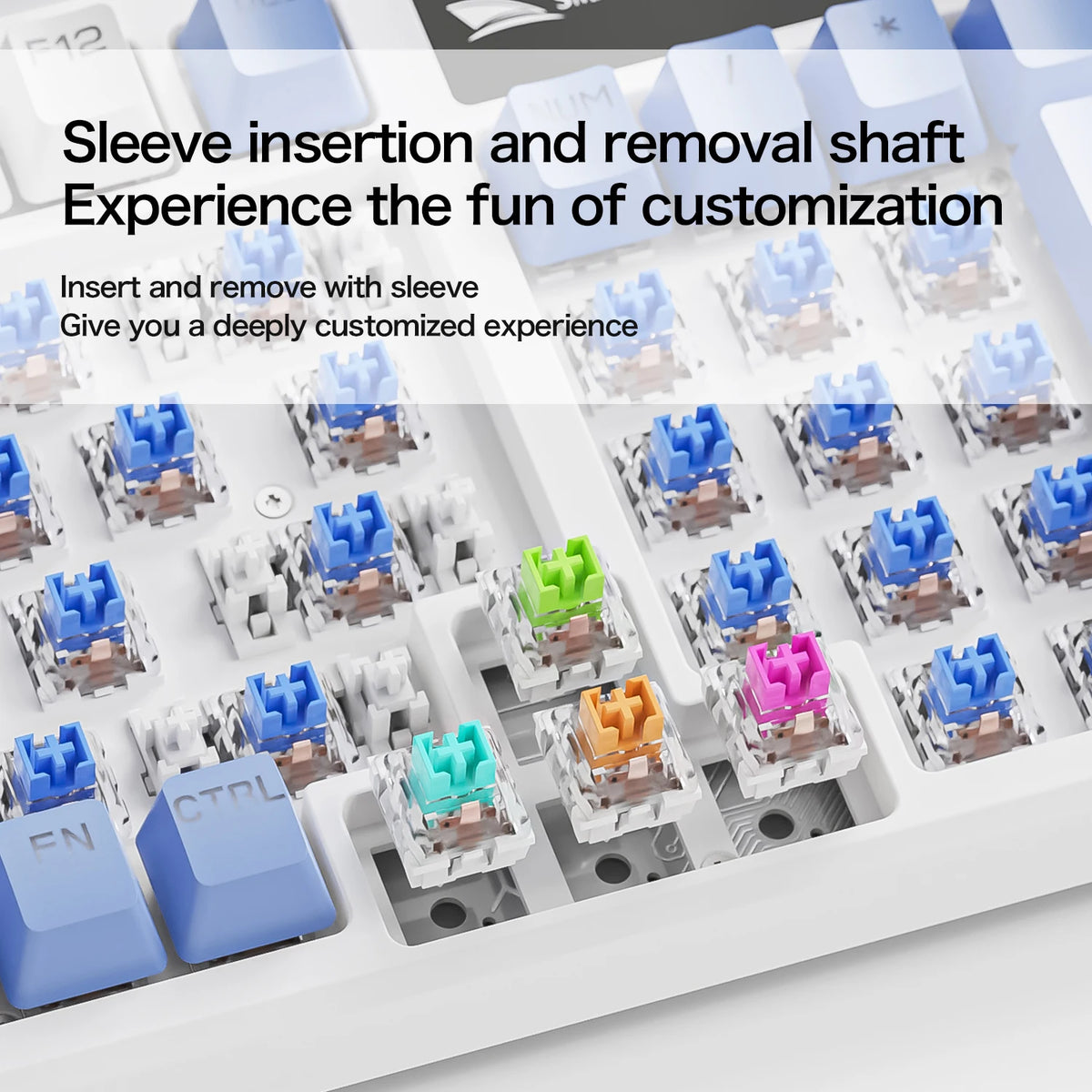 A close-up view of a keyboard featuring sleeve insertion and removal for customization.