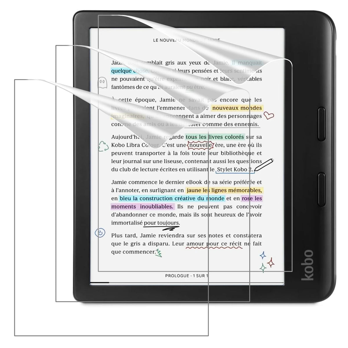A black Kobo e-reader displaying text with anti-glare screen protectors overlaid on the screen.