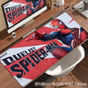 A red and blue Spider-Man themed desk mat mouse pad featuring a comic book style design.