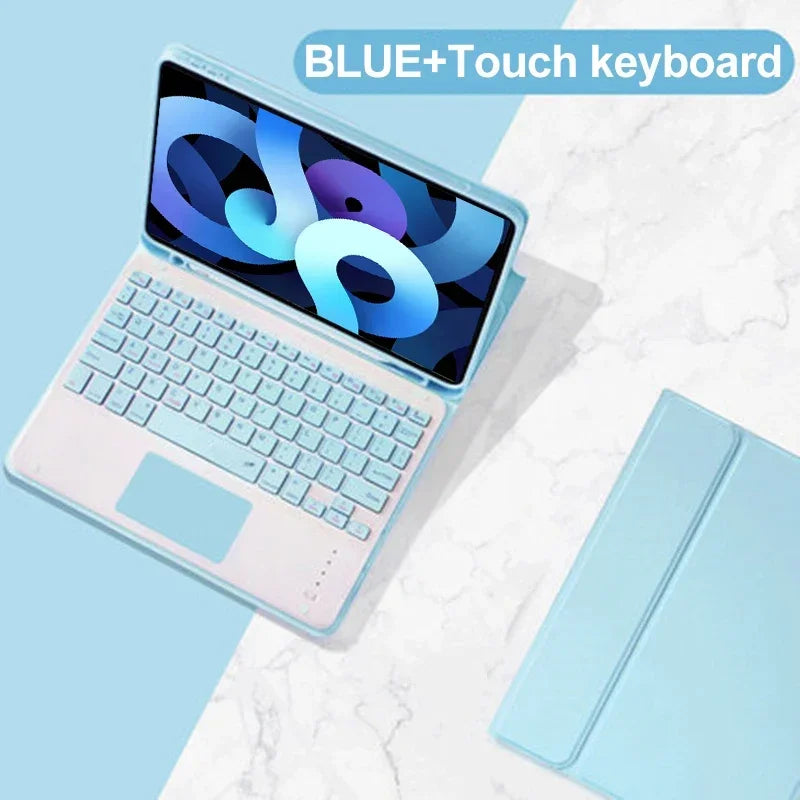 A light blue Bluetooth touch keyboard case for an iPad, shown next to the device.