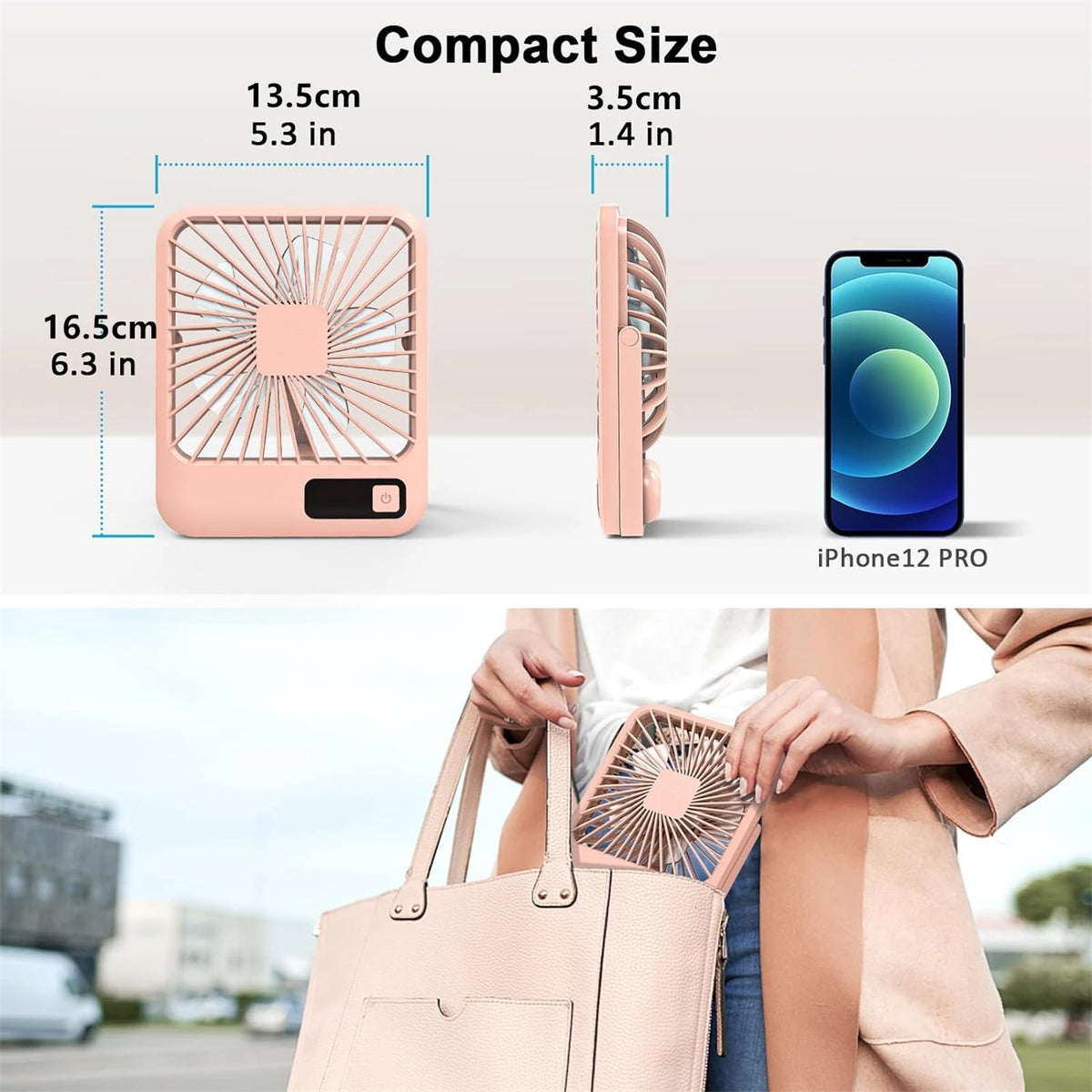 A pink portable desk fan is shown next to an iPhone 12 Pro and a handbag.