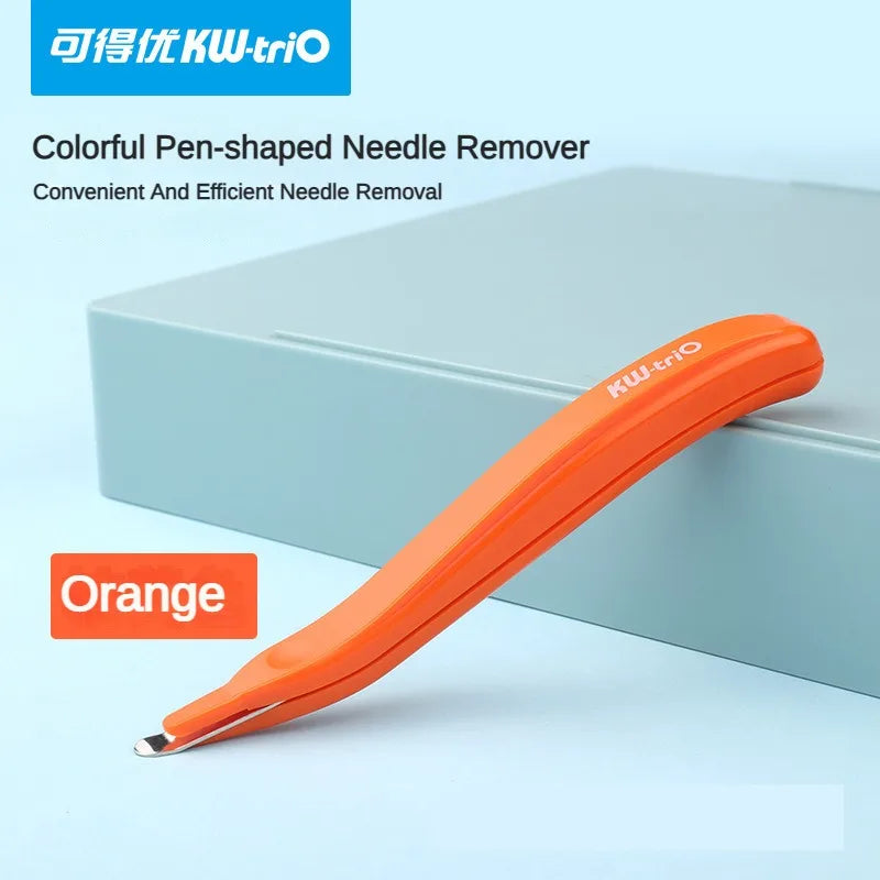 Orange pen-shaped needle remover tool shown on a light blue box.