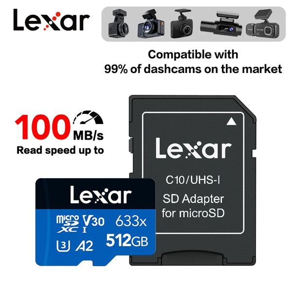 Lexar C10/UHS-I SD Adapter for microSD cards with 512GB capacity and 100 MB/s read speed.