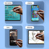 Four panels showing a precision stylus pen being used for note taking, playing, work, and drawing on various digital screens.