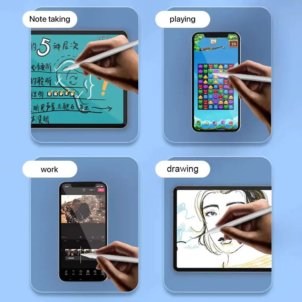 Four panels showing a precision stylus pen being used for note taking, playing, work, and drawing on various digital screens.