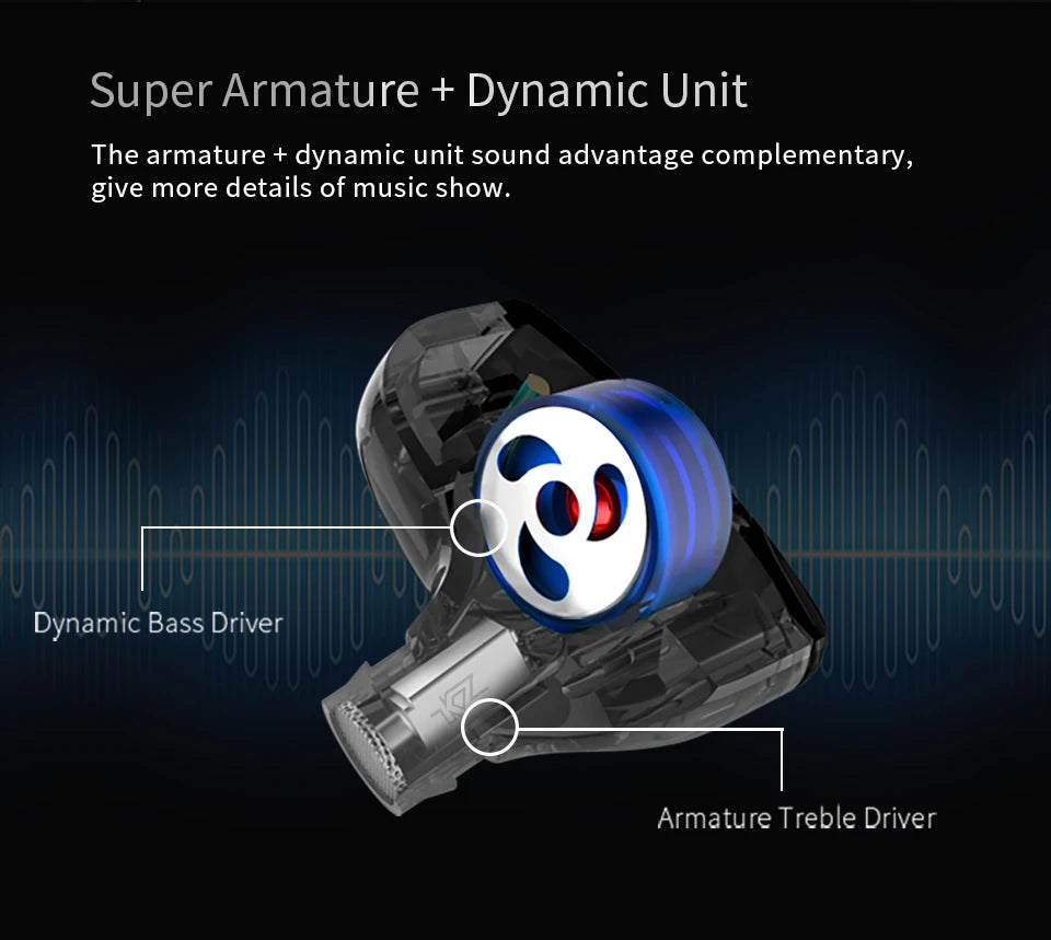 Close-up view of a KZ Dynamic Driver unit showing the Dynamic Bass Driver and Armature Treble Driver components.