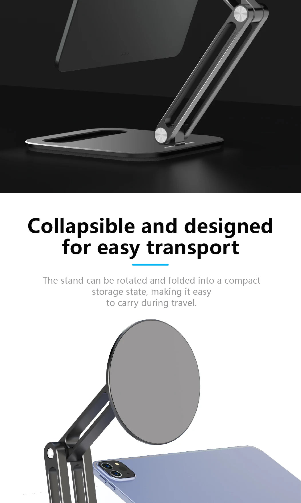A foldable magnetic tablet stand shown in a close-up, demonstrating its design for easy transport.