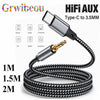 Schwarzes Audioadapterkabel, das Type-C auf 3,5 mm für verschiedene Geräte wie Handys, Computer und Autos umwandelt.