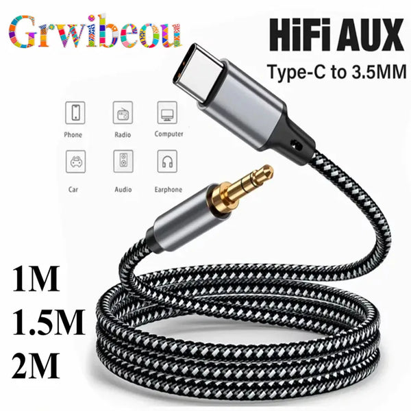 A black audio adapter cable converts Type-C to 3.5mm for various devices like phones, computers, and cars.