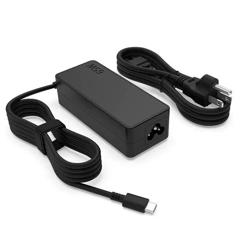 Black universal 65W USB-C AC adapter with a cable and plug for laptops