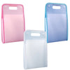 Three accordion file organizers in pink, blue, and clear plastic with elastic closures.