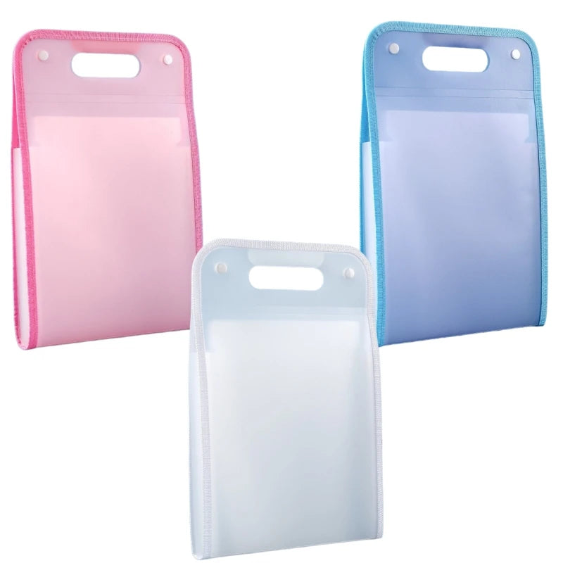 Three accordion file organizers in pink, blue, and clear plastic with elastic closures.