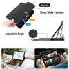 A black universal protective case with a keyboard for an iPad Air showing features like magnetic attachment, sleep wake funct