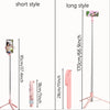 Comparaison d'un trépied de selfie stick extensible, style court et long, de couleur rose.