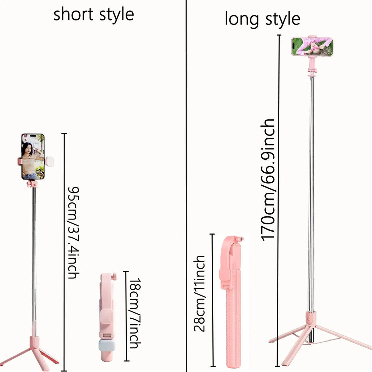 Comparaison d'un trépied de selfie stick extensible, style court et long, de couleur rose.