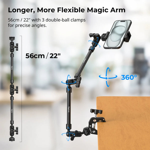 A black adjustable magic arm with a clamp kit is shown extending to position a smartphone for precise angles.