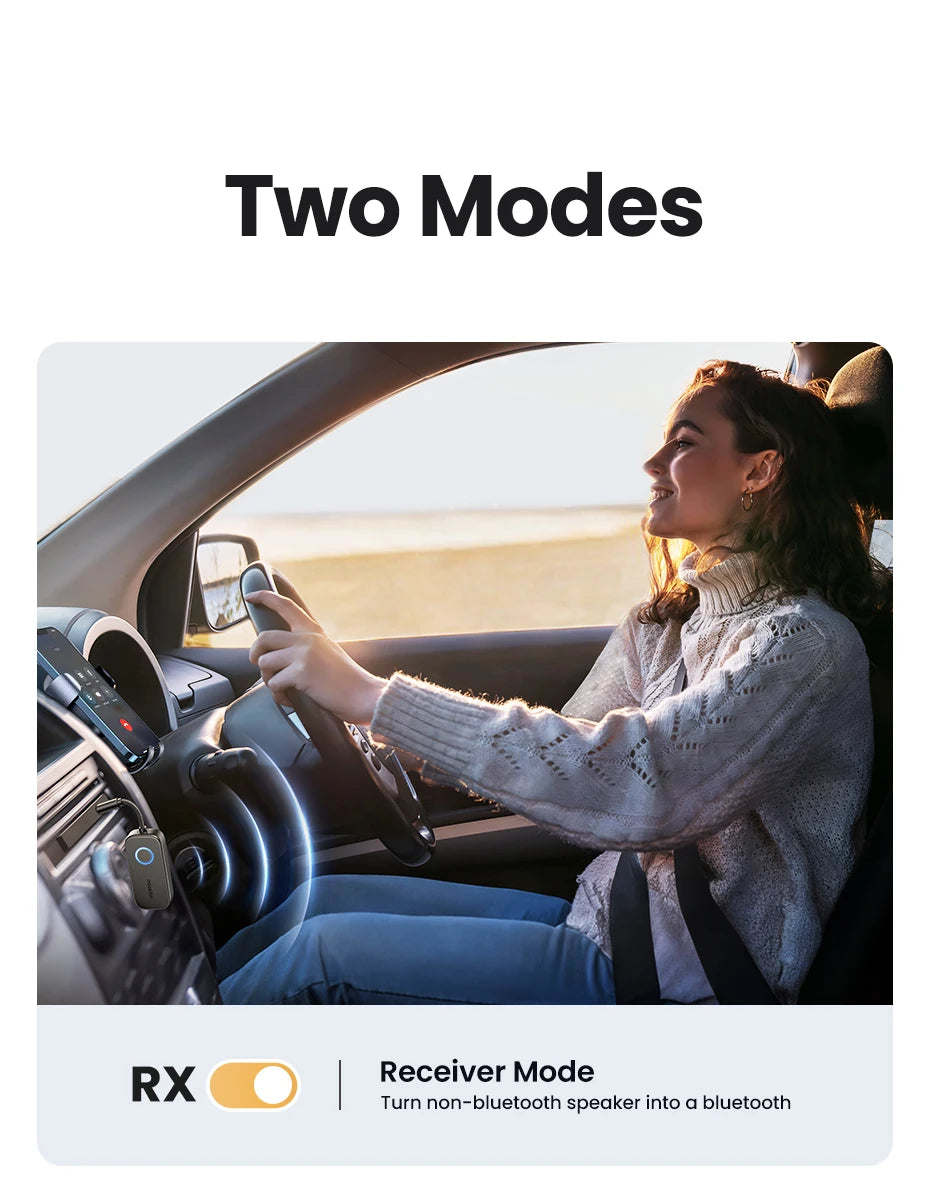 Eine Frau verwendet ein Auto-Audio-System, um einen nicht-Bluetooth-Lautsprecher in ein Bluetooth-Gerät umzuwandeln.