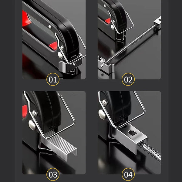 Four steps showing the assembly and operation of a heavy duty manual multi-use staple gun with assorted staples