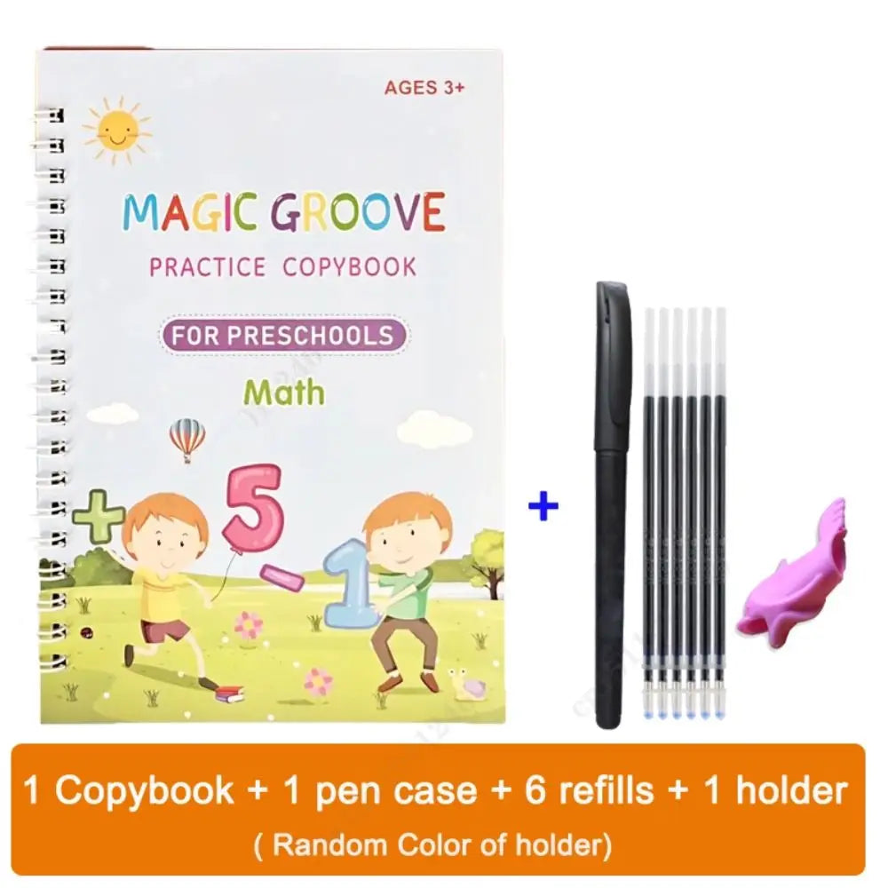 Magic Groove practice copybook for preschoolers with a pen case and six refills