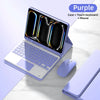 Purple magnetic keyboard case for iPad Pro with a touch keyboard and mouse shown on a white surface.