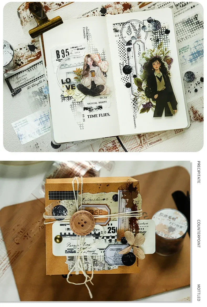 Dekoratives PET-Collageband mit brauner Box, Schnur und Holzstempel.