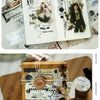 A close-up of a decorative PET collage tape product featuring vintage typography and botanical elements on a brown kraft pape