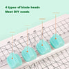 Four types of light blue rotary paper cutting blade heads displayed on a ruler for DIY needs.