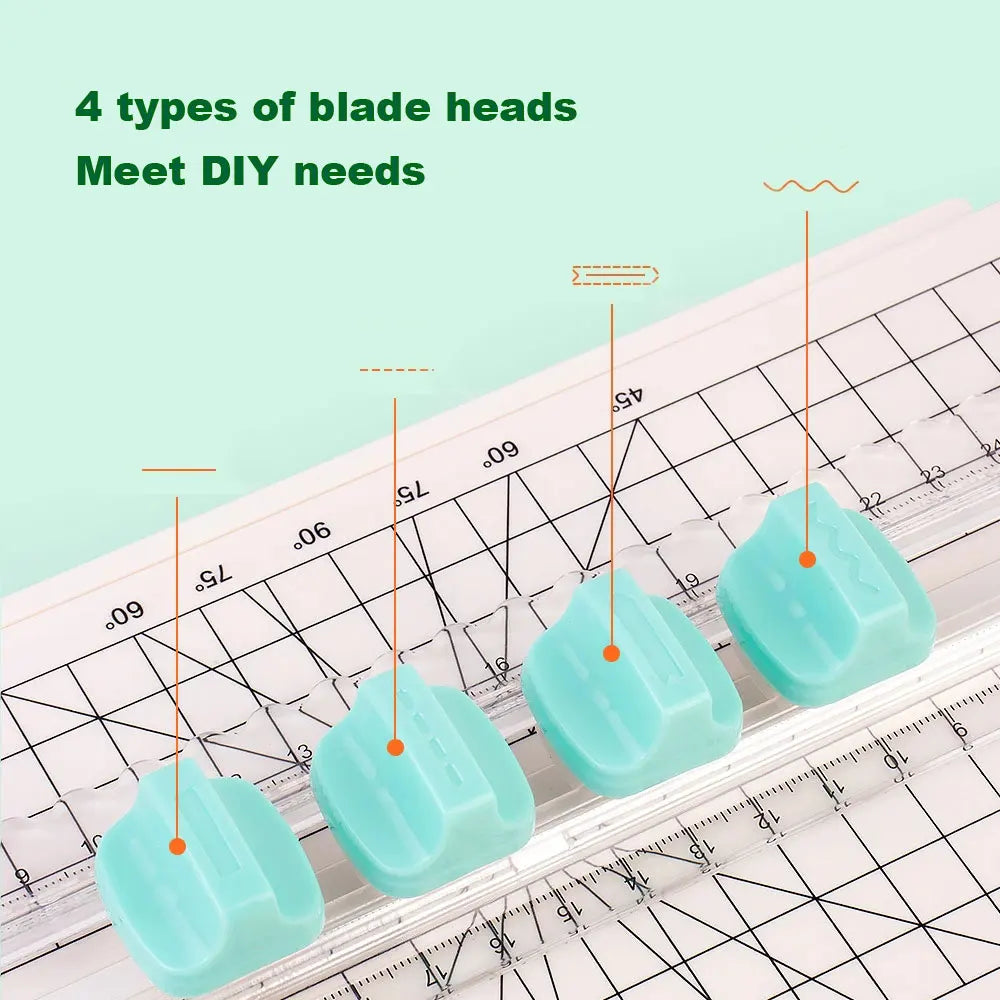 Four types of light blue rotary paper cutting blade heads displayed on a ruler for DIY needs.