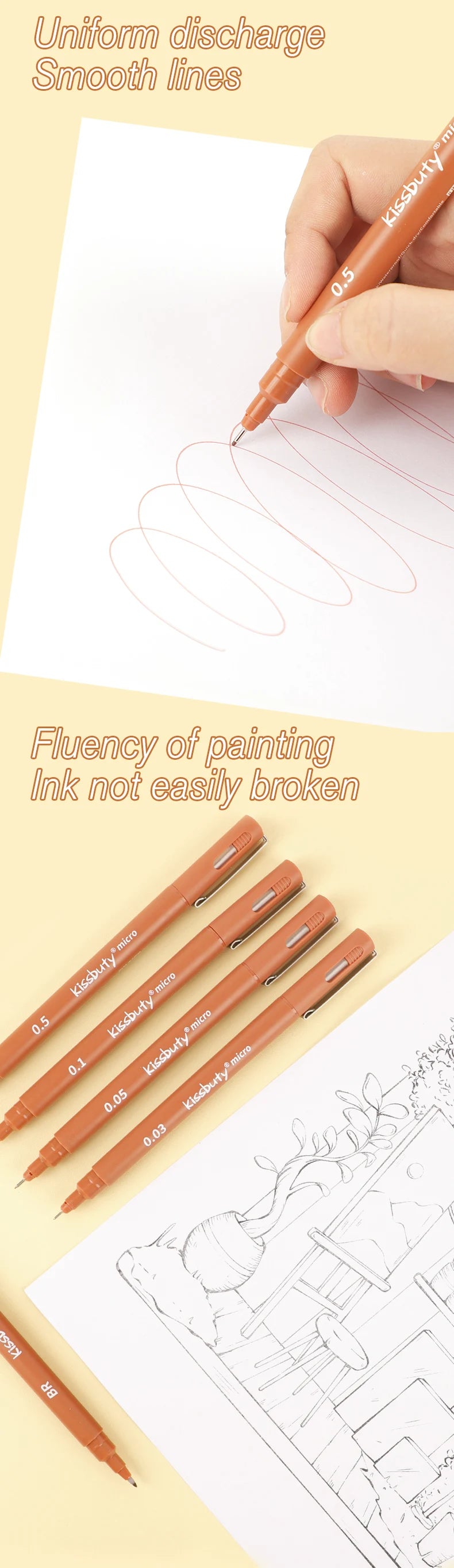 A hand draws smooth lines on paper using various Kissbury micro-pen fineliner pens with archival ink.