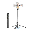 A black extendable phone tripod with an LED ring light and mirror setup.