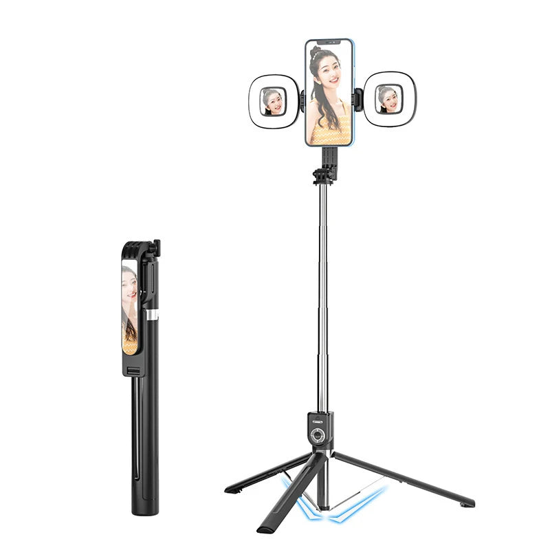 A black extendable phone tripod with an LED ring light and mirror setup.