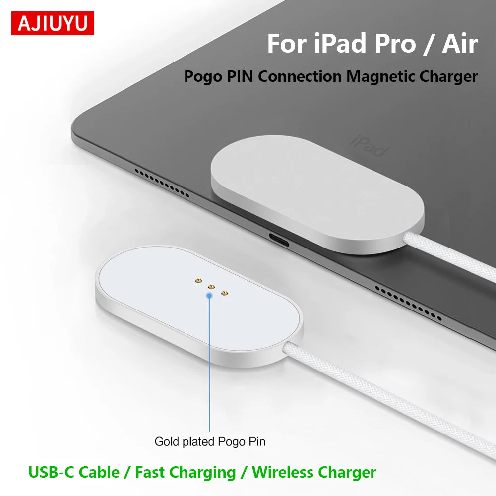 Pogo PIN Connection Magnetic Charger for iPad Pro/Air showing a gold plated Pogo Pin and USB-C cable