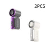 Two portable USB rechargeable mini fans, one purple and one silver.