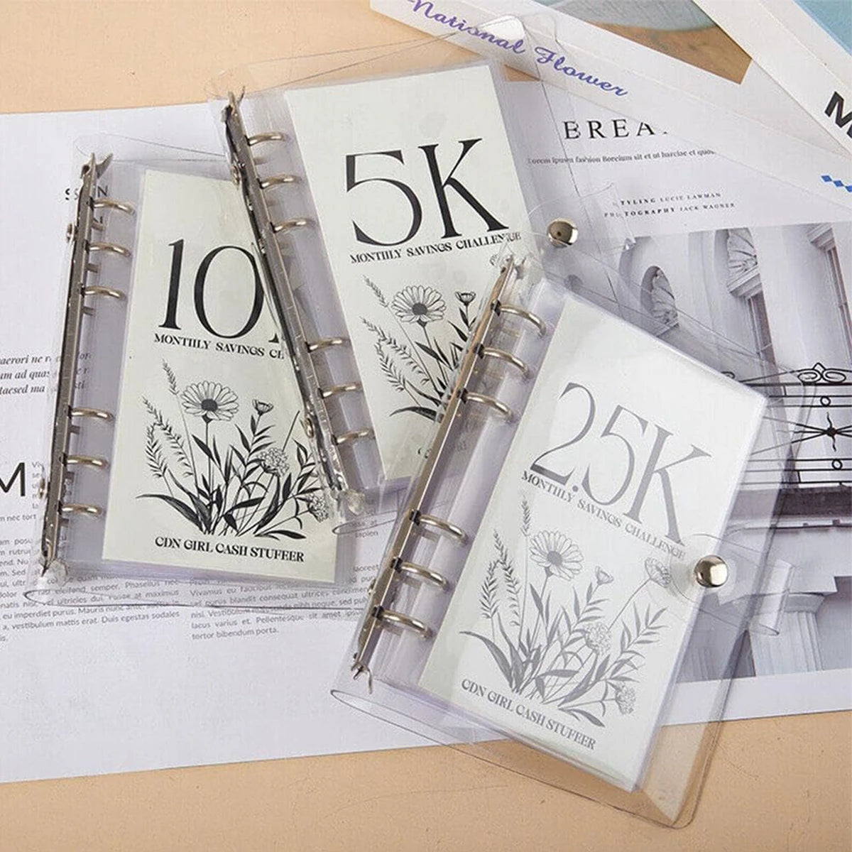 A set of vertical savings challenge money clips showing denominations of 5K, 10K, and 25K