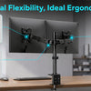 A heavy duty dual monitor desk mount demonstrating tilt, swivel, and rotate features for flexible ergonomic viewing.