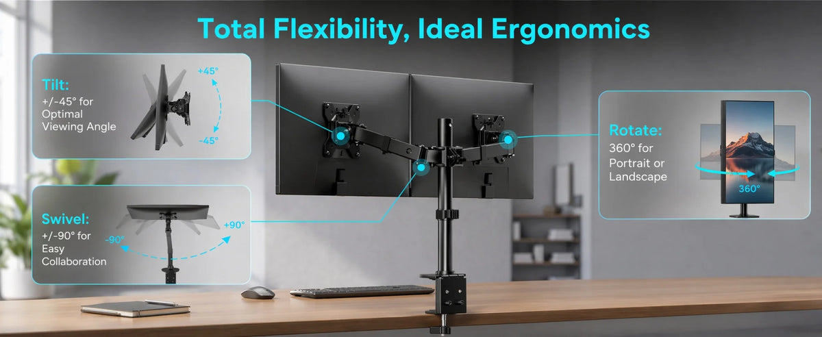 A heavy duty dual monitor desk mount demonstrating tilt, swivel, and rotate features for flexible ergonomic viewing.