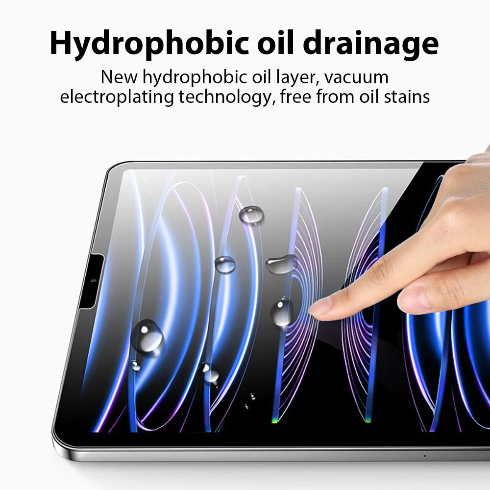 Nahaufnahme eines iPad-Bildschirms, der hydrophobe Ölabflussfunktionen eines Glasbildschirmschutzes zeigt.