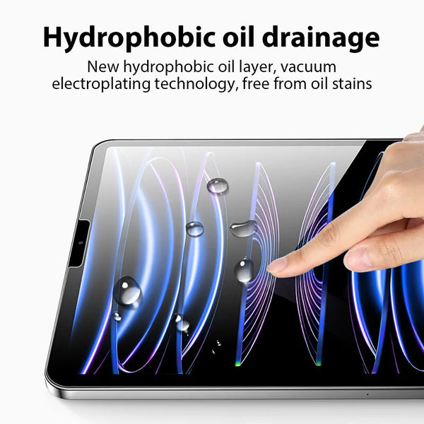 Gros plan d'un écran d'iPad montrant des caractéristiques de drainage d'huile hydrophobe sur un protecteur d'écran en verre.