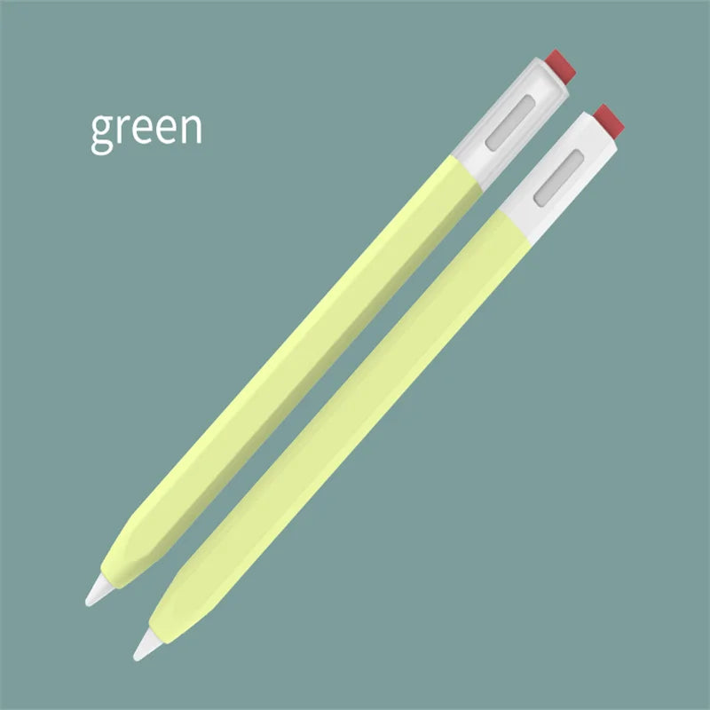 Une paire de coques protectrices en silicone vertes pour stylet Xiaomi, vue en diagonale sur un fond bleu sarcelle sourd.