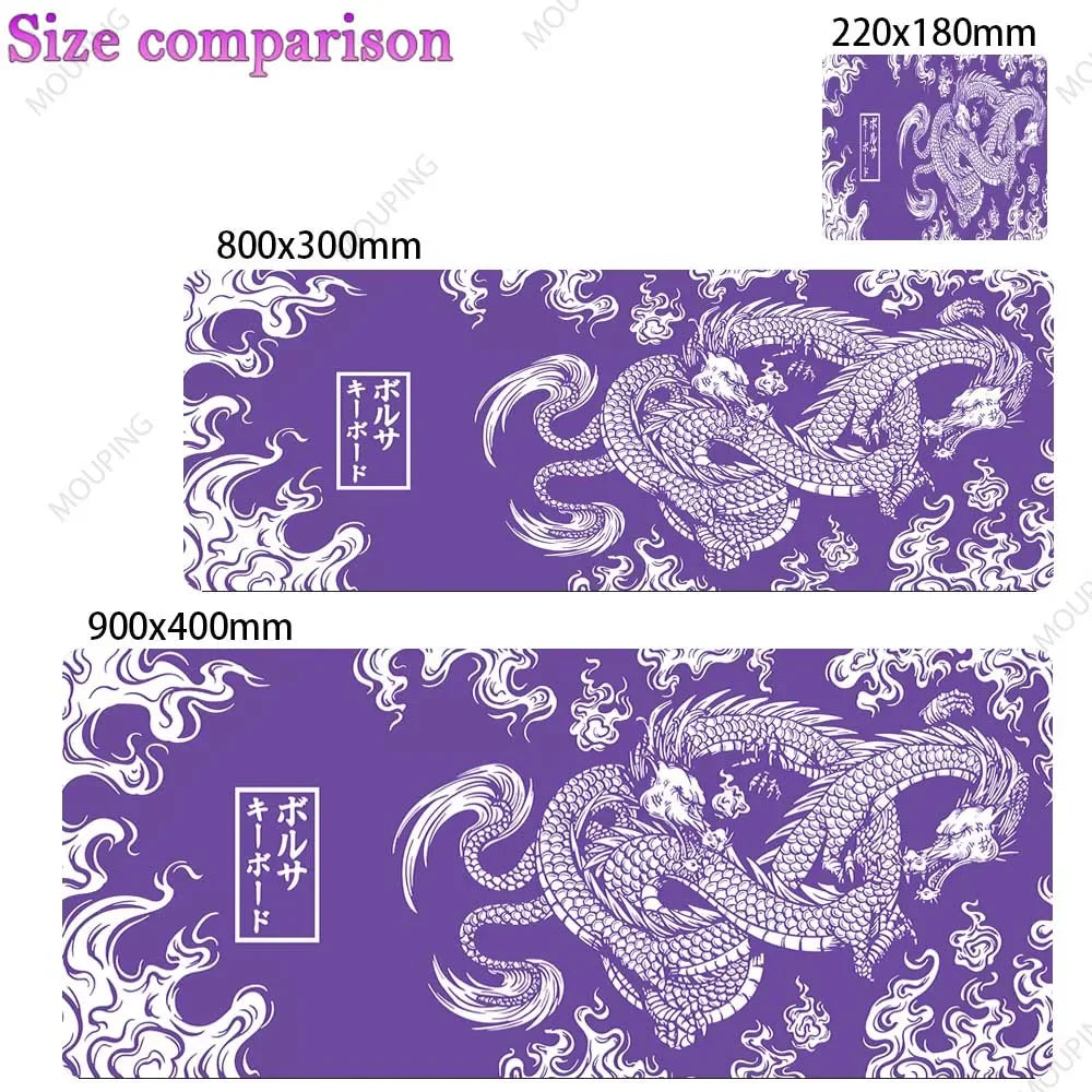 Purple and white Japan-style gaming desk mats of various sizes, including 800x300mm and 900x400mm.