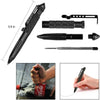 A black tactical aluminum pen is shown with various components and in use for writing.