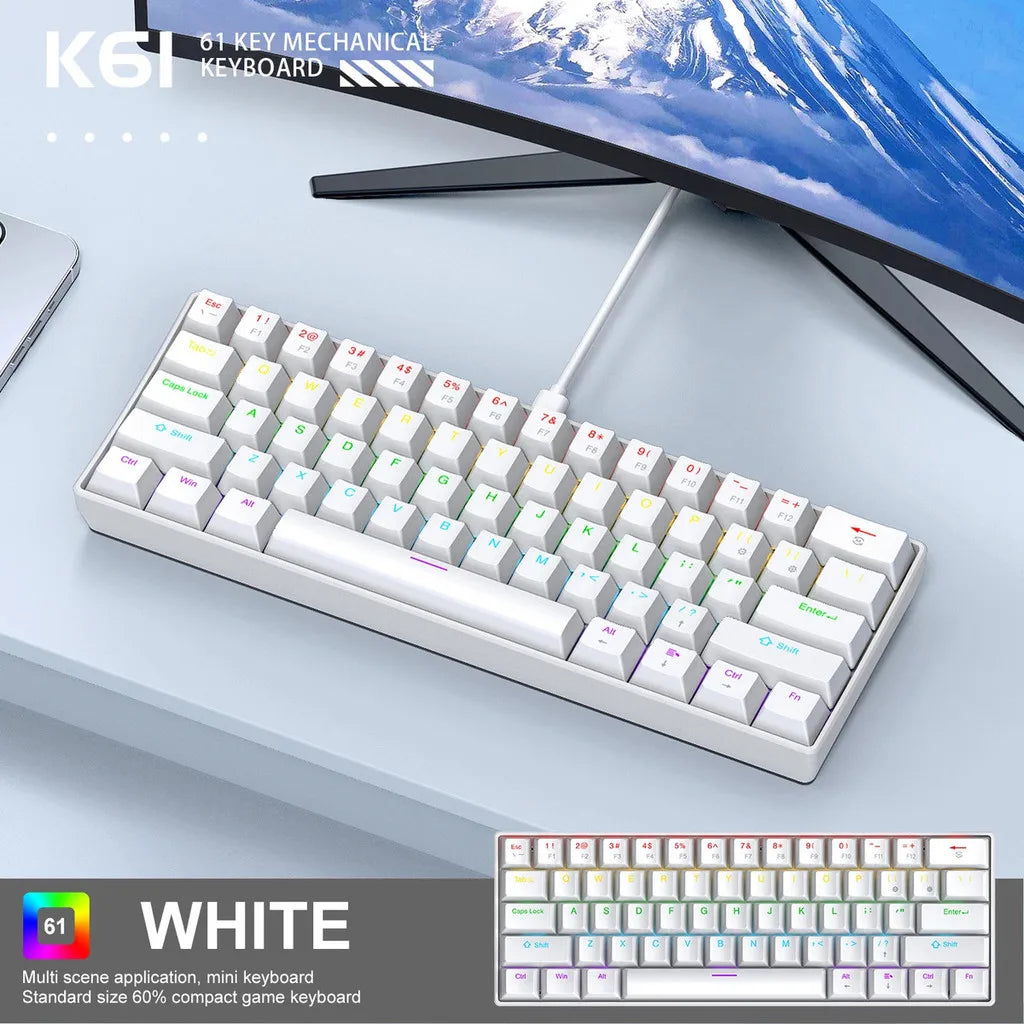 A white 61 key mechanical keyboard is shown on a desk next to a computer monitor.