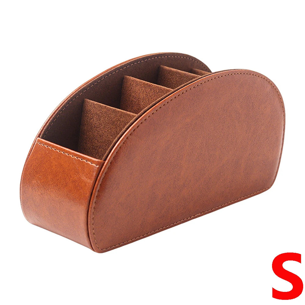 A brown PU leather remote control holder with five compartments shown from the top.