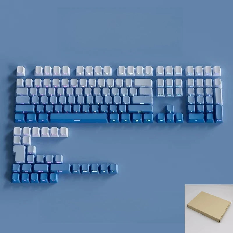 A set of light blue and dark blue RGB backlit gradient keycaps for mechanical keyboards displayed on a blue background.