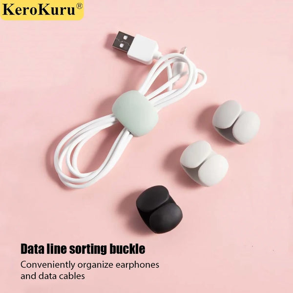 A white silicone cable organizer with multiple clips is shown on a pink background.
