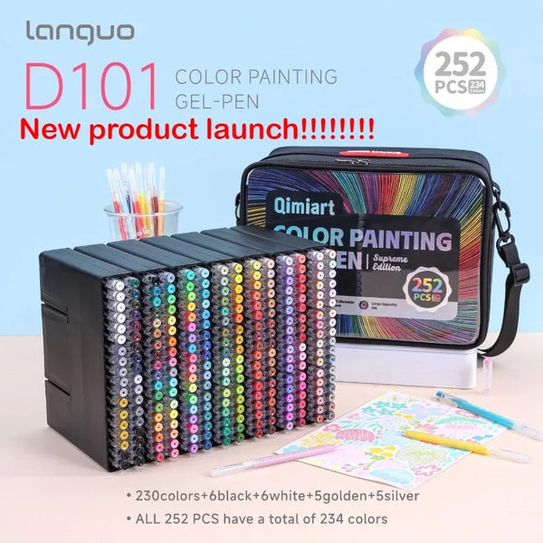 A black box of Qimiart color painting gel pens with 230 colors and a white box showing the product.