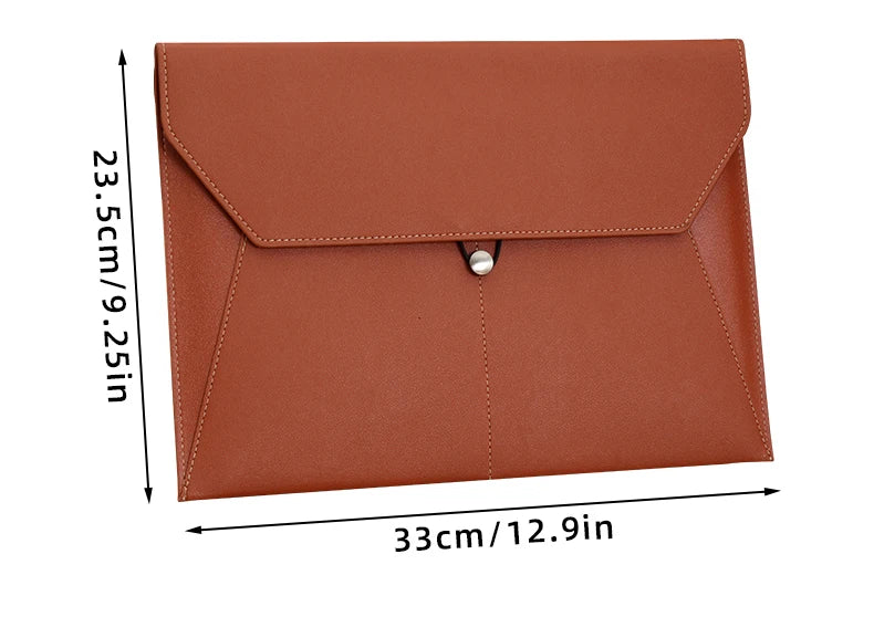 A brown leather document organizer bag with a flap closure and silver snap button.