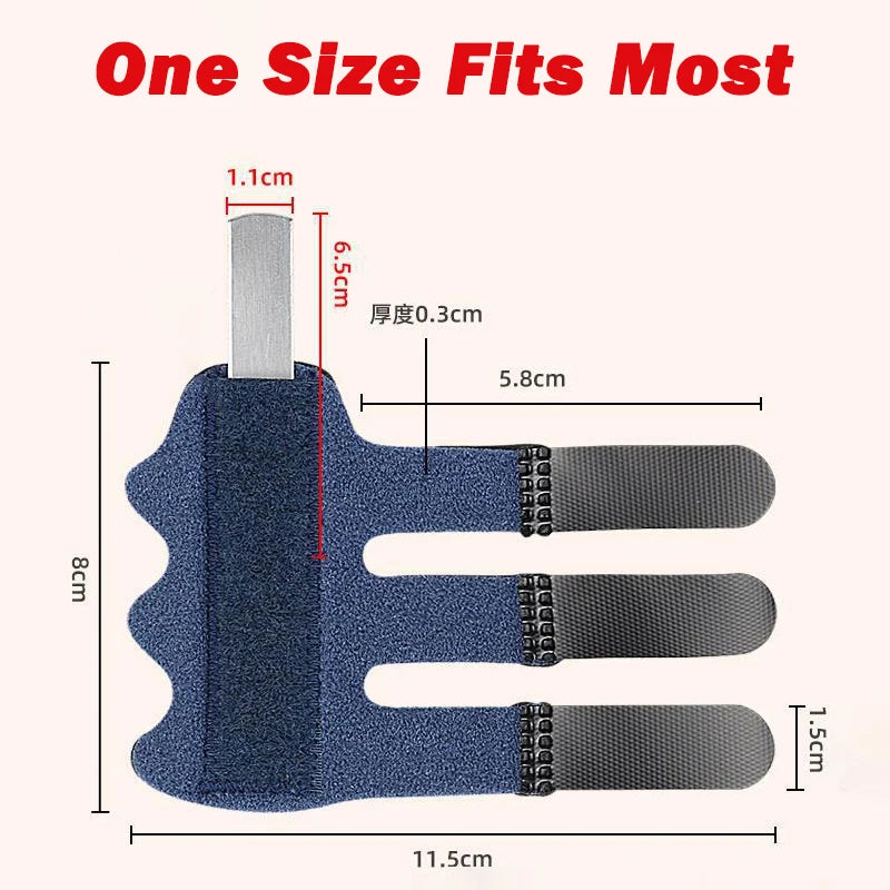 A dark blue adjustable finger splint with multiple supports and a removable silicone piece.